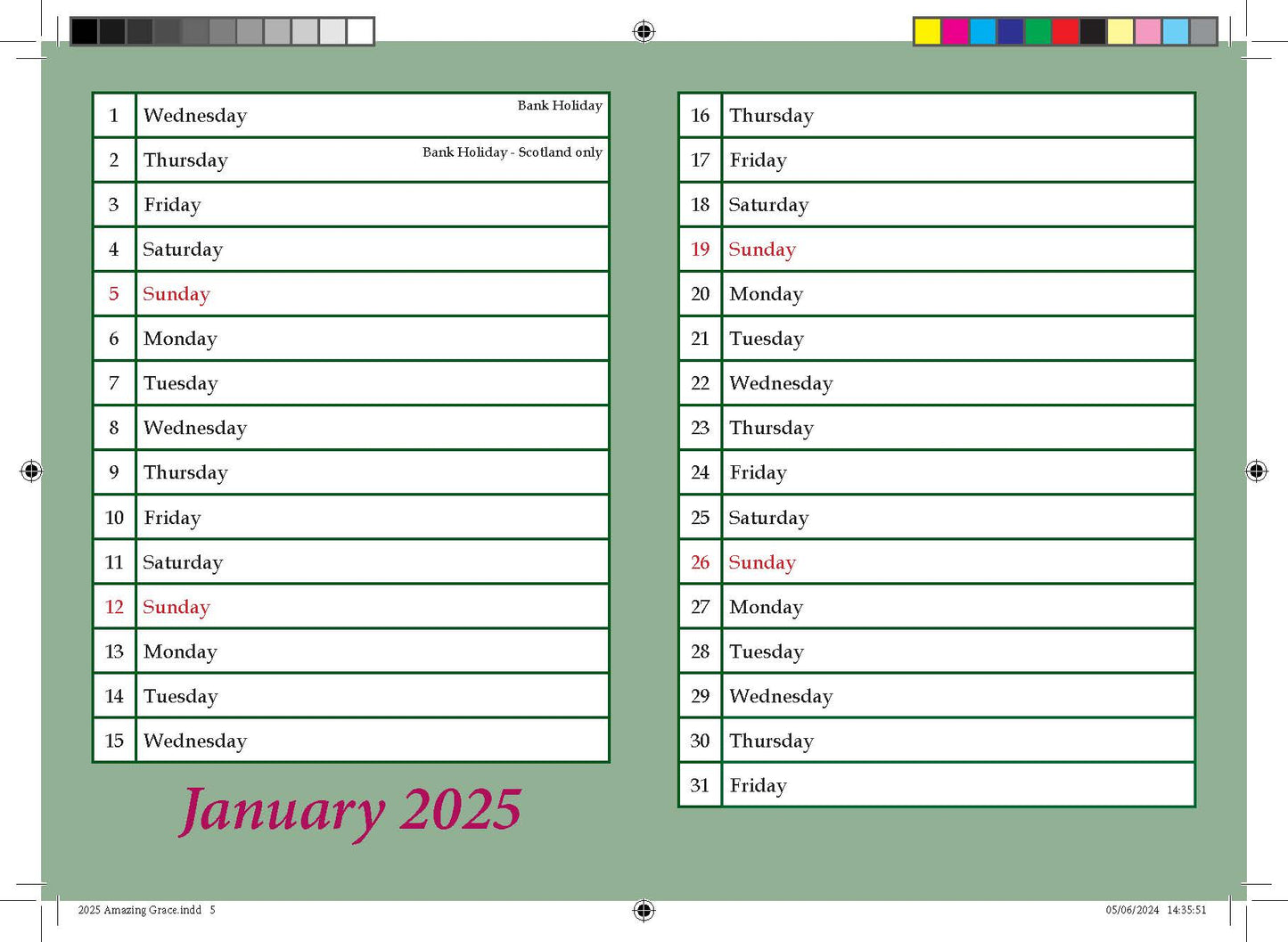 Amazing Grace Calendar 2025